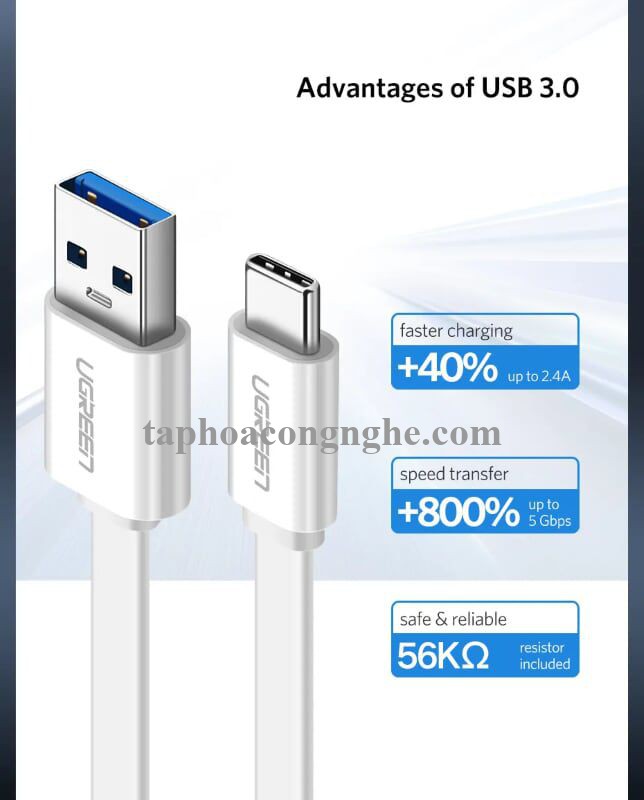 Ugreen 10691 0.5M màu Trắng Cáp USB TypeC sang USB 3.0 cáp dẹt US172 30010691